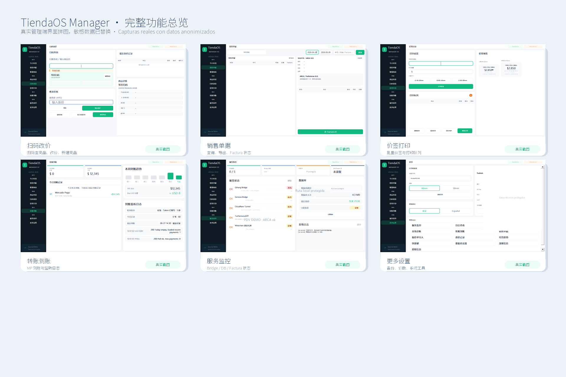 TiendaOS Manager 完整功能真实脱敏截图总览